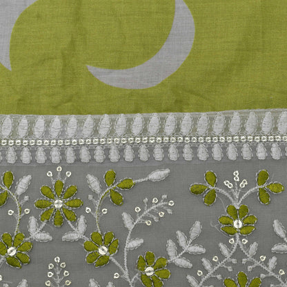 Mehndi Green Color Mulmul Print Border Embroidery Fabric