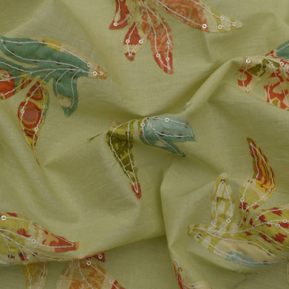 Pista Green Color Cotton Print Embroidery Fabric