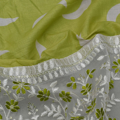 Mehndi Green Color Mulmul Print Border Embroidery Fabric