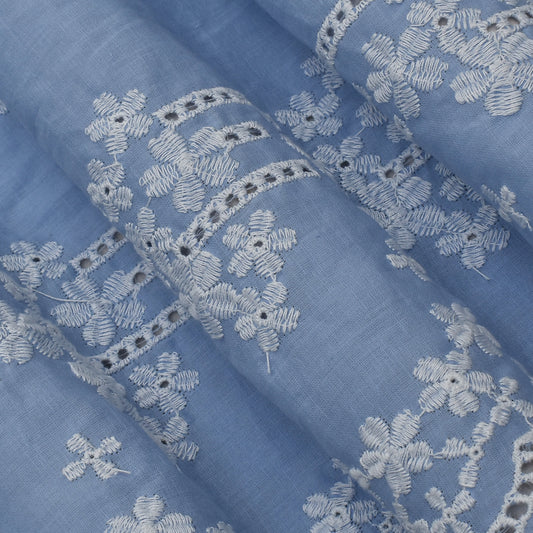 Sky Blue Color Cotton Embroidery Fabric