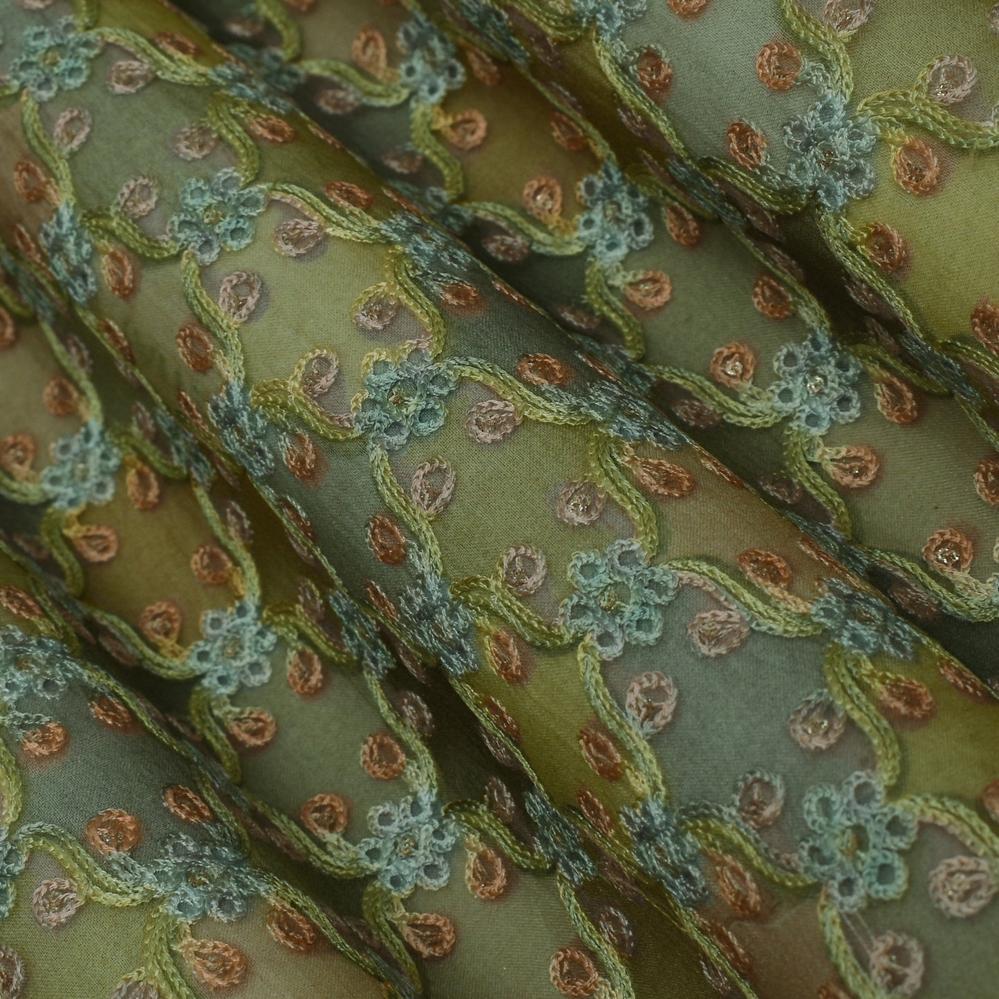 Green Multi Colored Organza Embroidery Designer Fabric