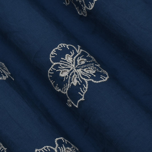 Teal Blue Color Cotton Chikan Embroidery Fabric