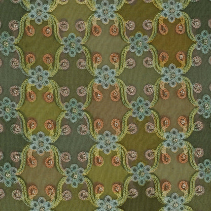 Green Multi Colored Organza Embroidery Designer Fabric