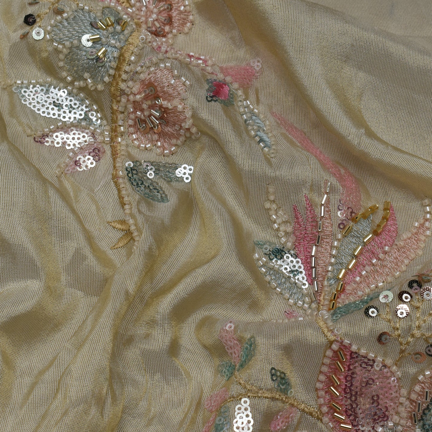 Beige Color Tissue Embroidery Fabric