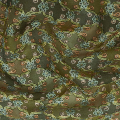 Green Multi Colored Organza Embroidery Designer Fabric