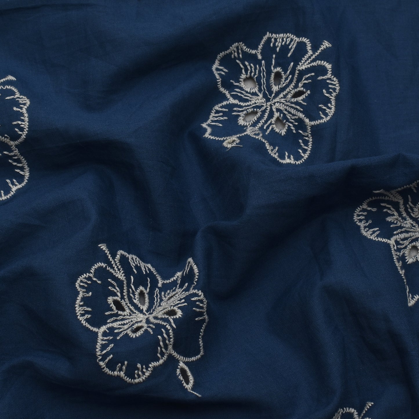 Teal Blue Color Cotton Chikan Embroidery Fabric