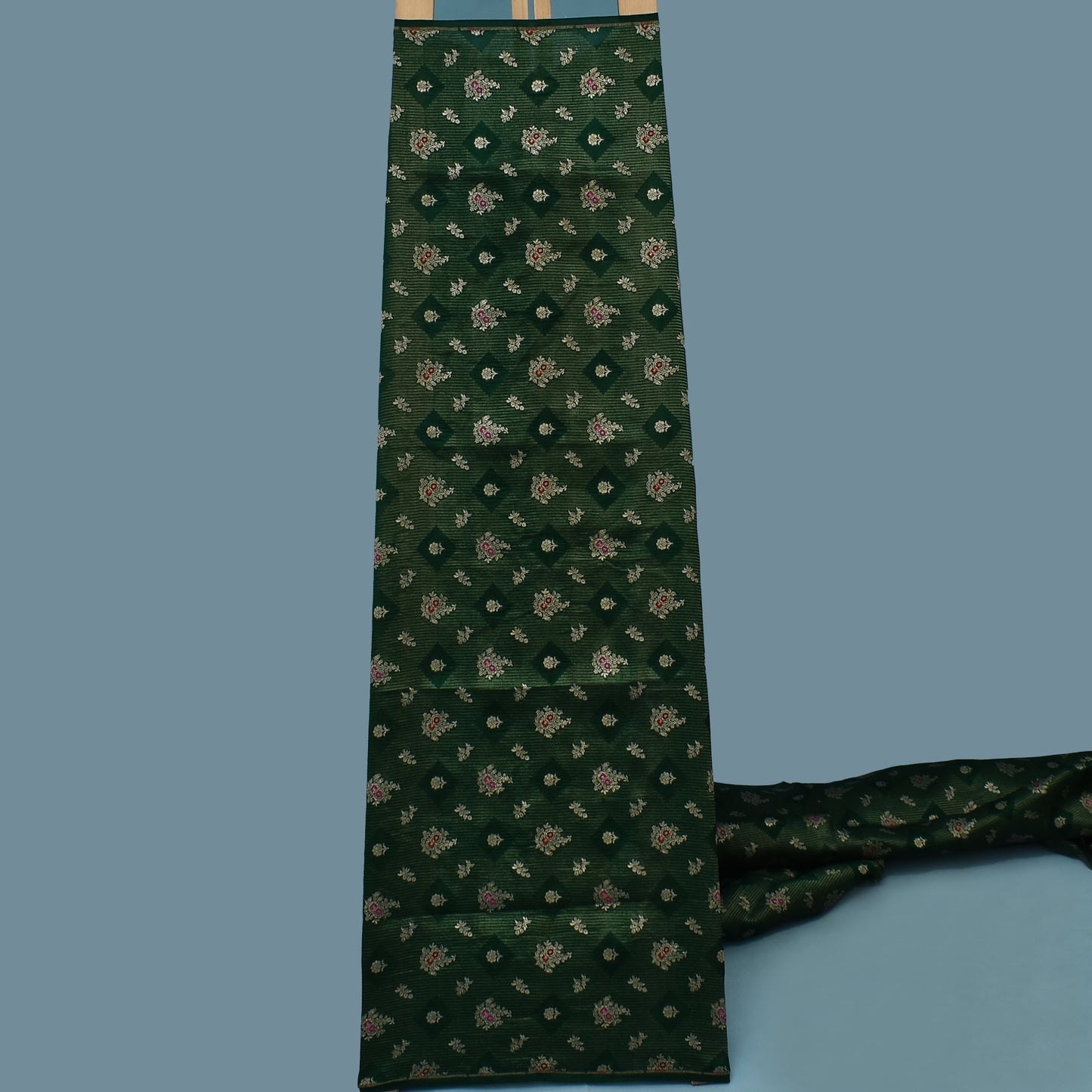 Bottle Green Color Katan Meena Brocade Fabric