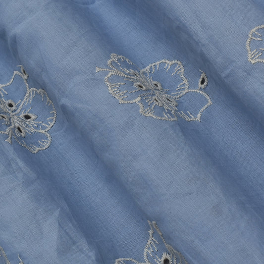 Ice Blue Color Cotton Chikan Embroidery Fabric