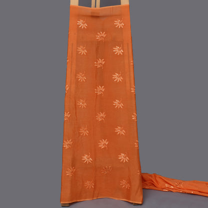 Orange Color Chinon Chiffon Embroidery Fabric