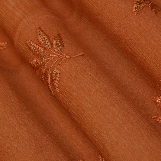 Orange Color Chinon Chiffon Embroidery Fabric