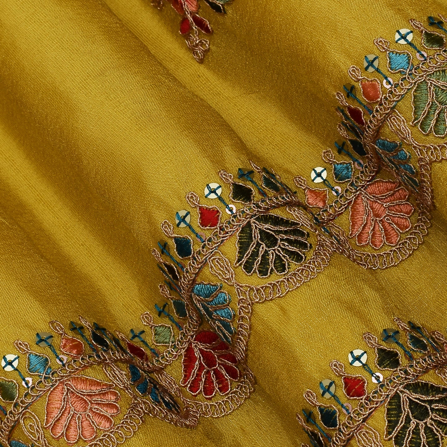 Yellow Color Tissue Booti Embroidery Fabric