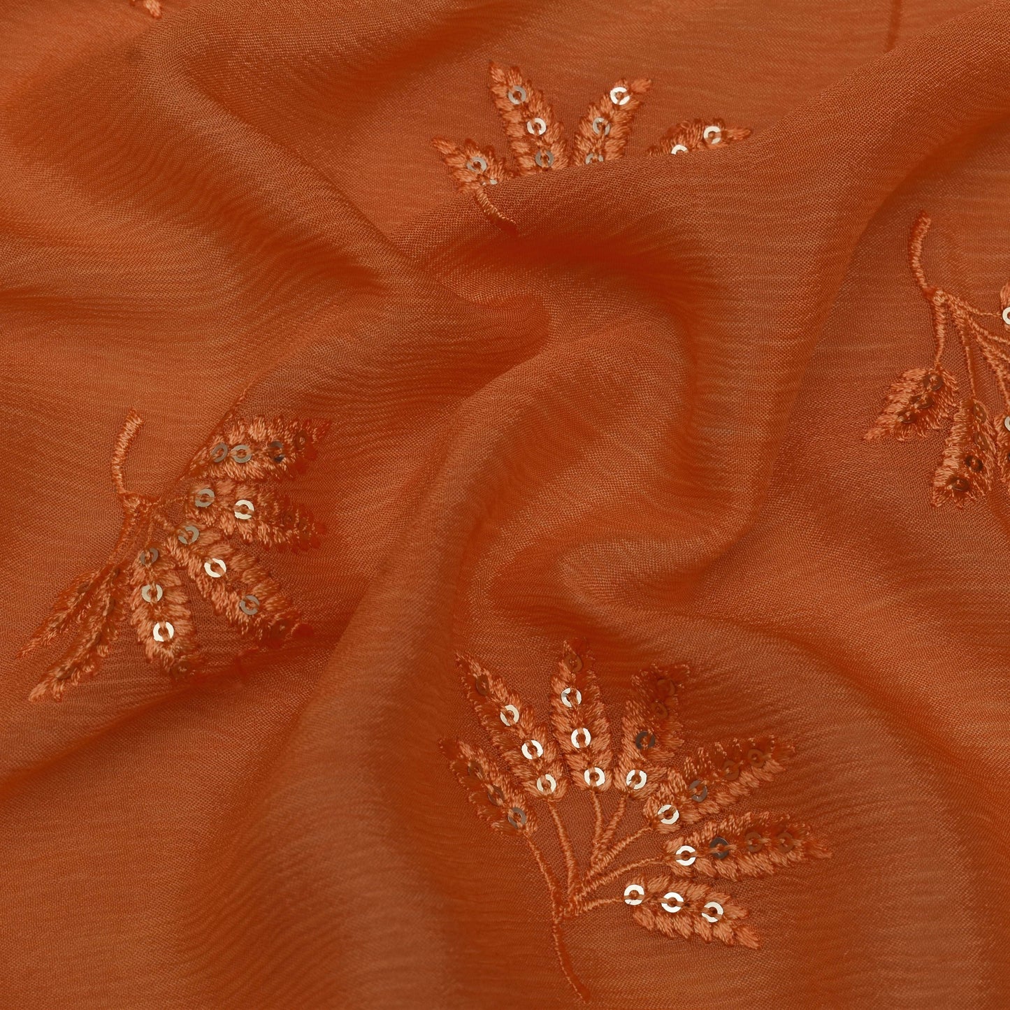 Orange Color Chinon Chiffon Embroidery Fabric