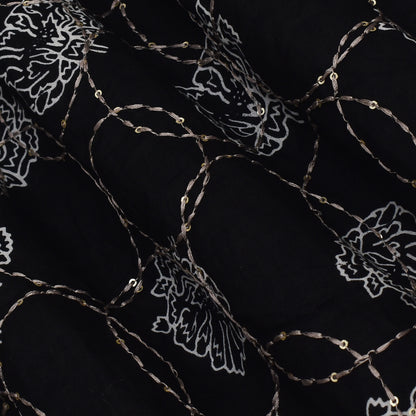 Black Color Kora Cotton Embroidery Fabric