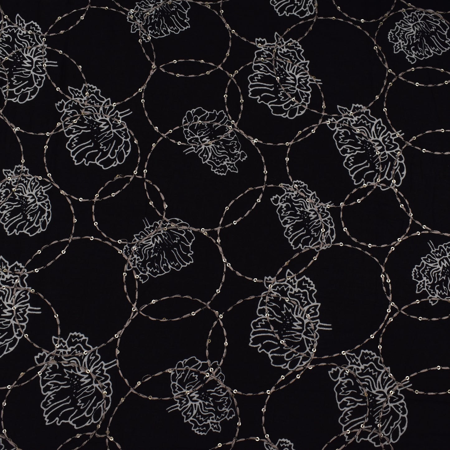 Black Color Kora Cotton Embroidery Fabric