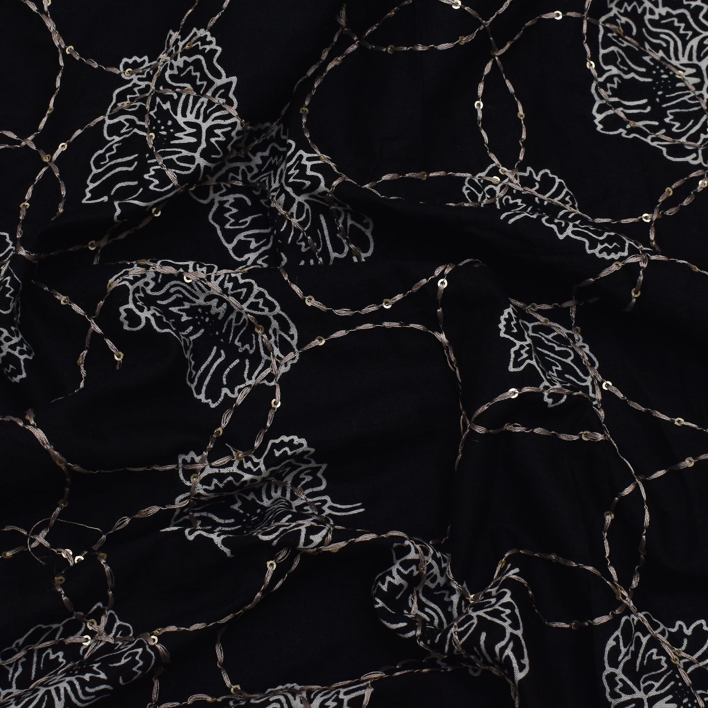 Black Color Kora Cotton Embroidery Fabric