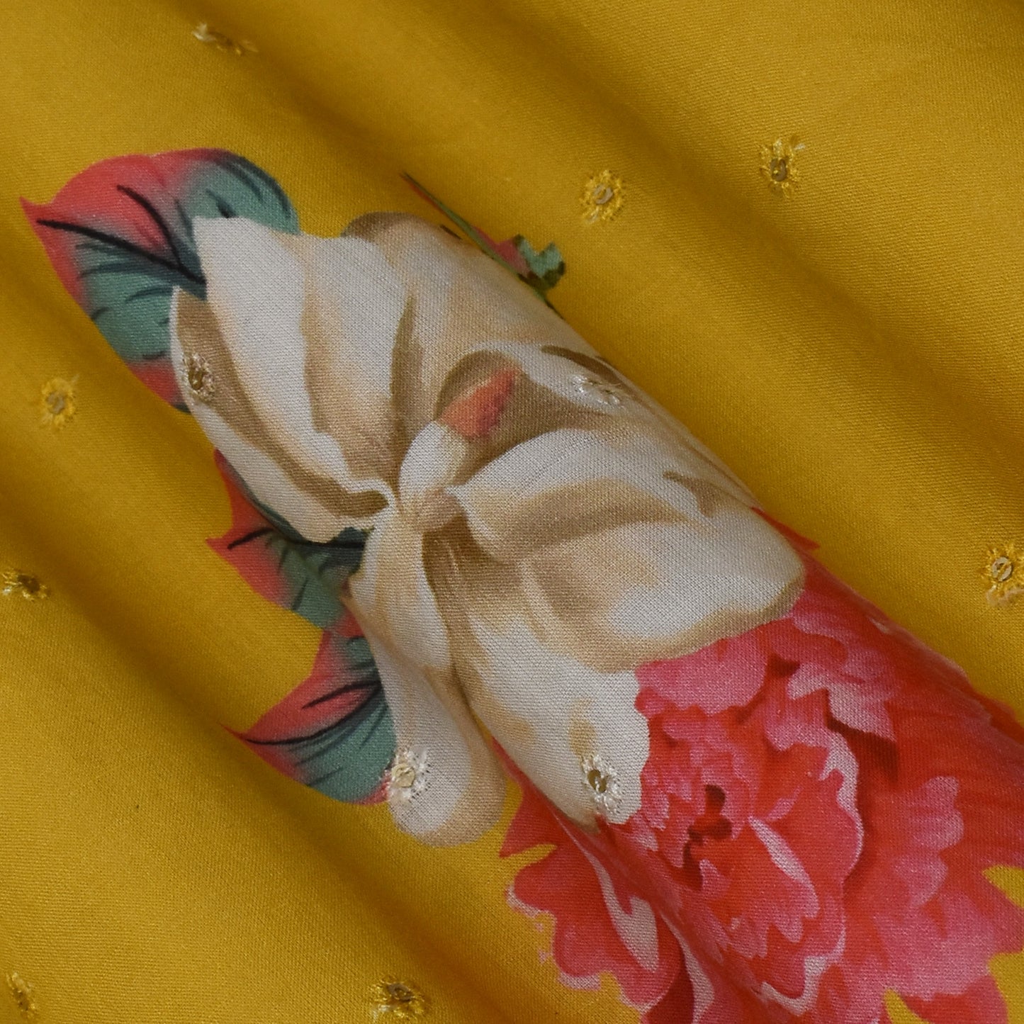 Mustard Color Mulmul Print Booti Fabric