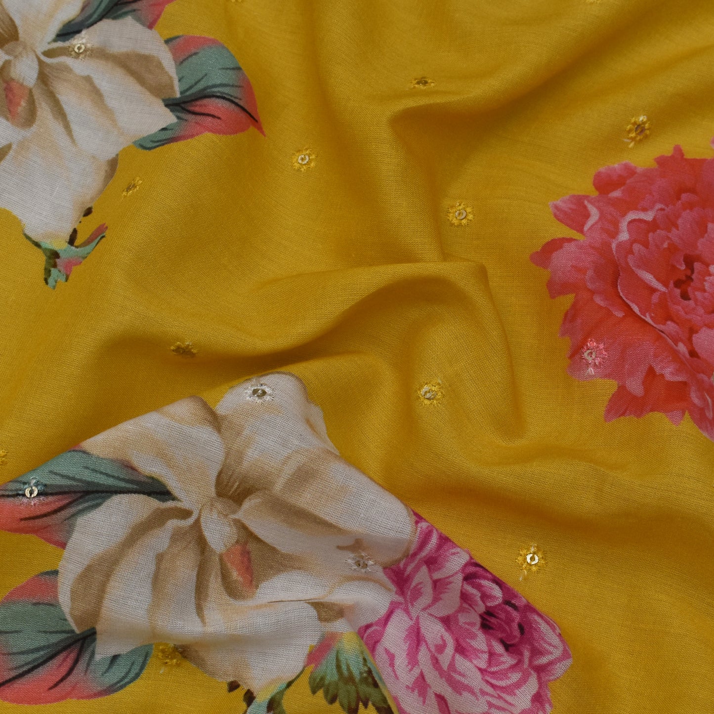 Mustard Color Mulmul Print Booti Fabric