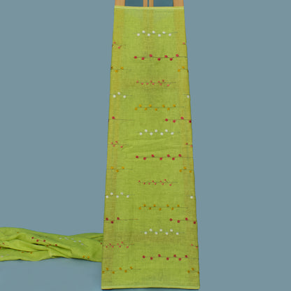 Parrot Green Color Linen Embroidery Fabric