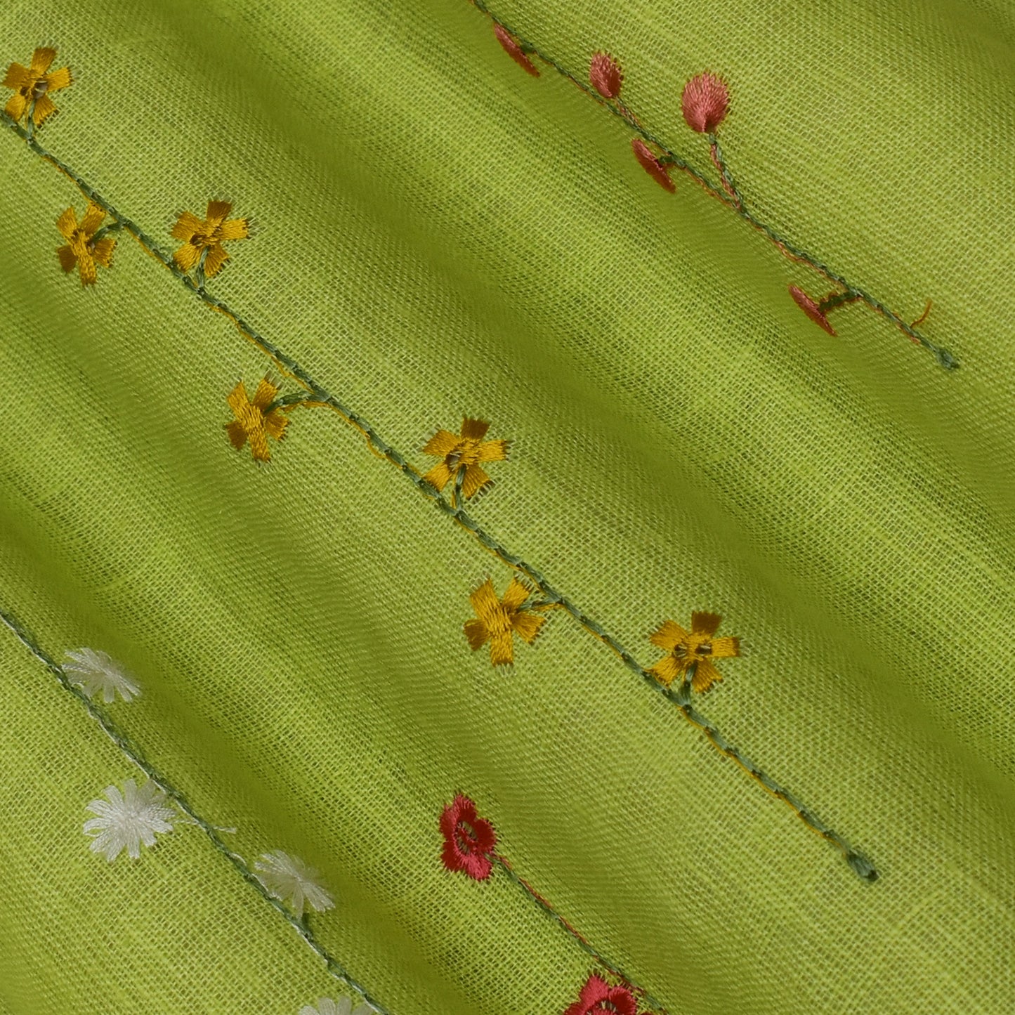 Parrot Green Color Linen Embroidery Fabric