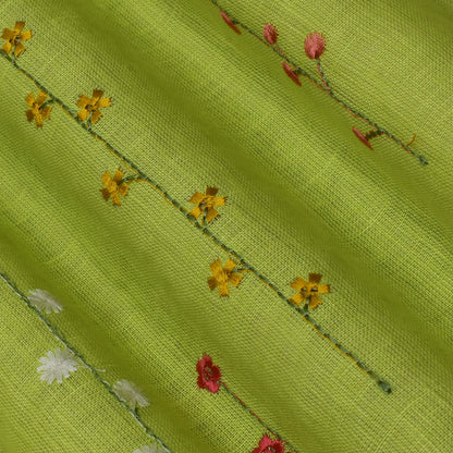 Parrot Green Color Linen Embroidery Fabric