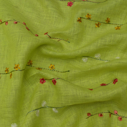 Parrot Green Color Linen Embroidery Fabric