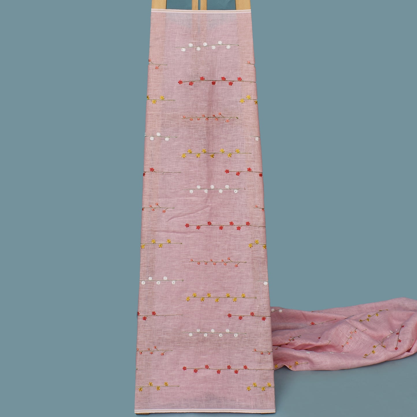 Pink Color Linen Embroidery Fabric