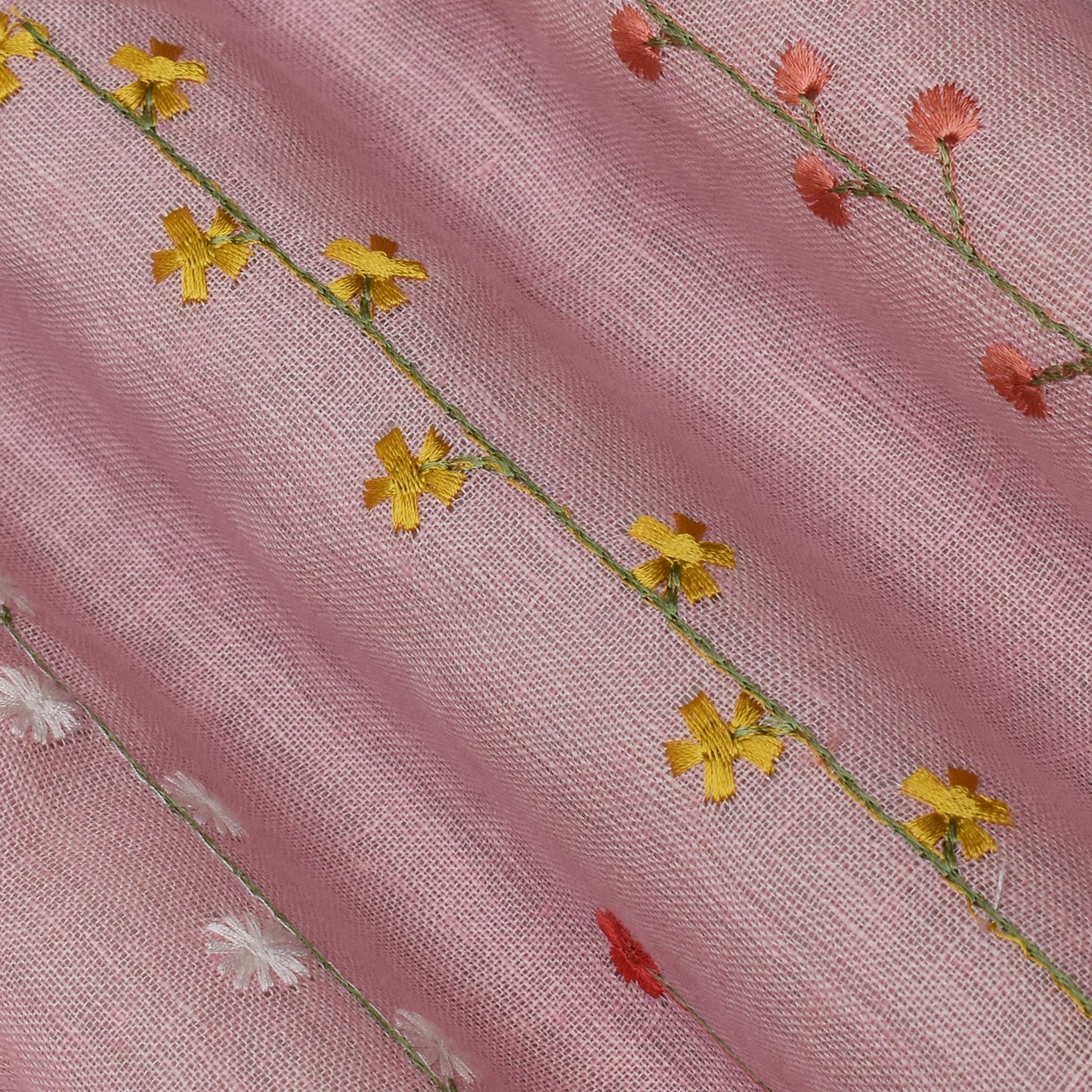 Pink Color Linen Embroidery Fabric