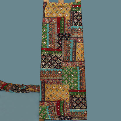 Multi Color Chinon Print Mirror Work Fabric