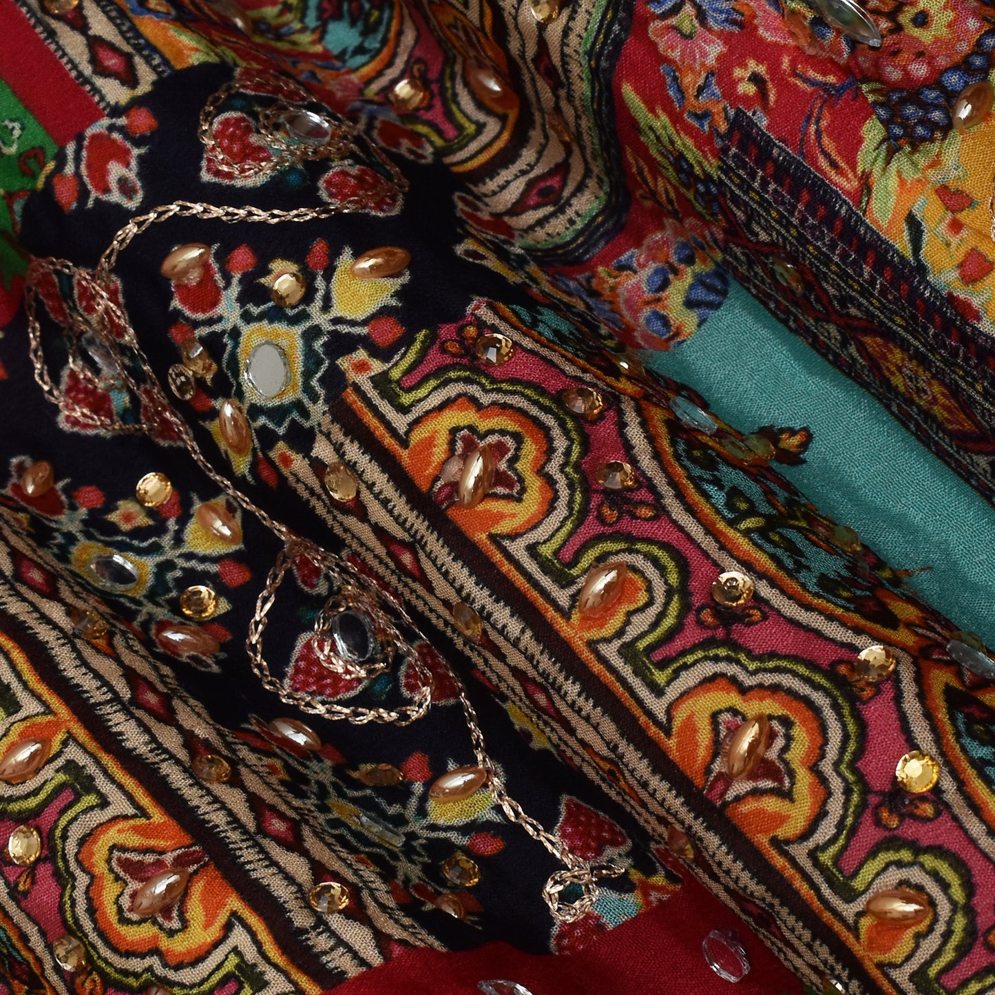 Multi Color Chinon Print Mirror Work Fabric