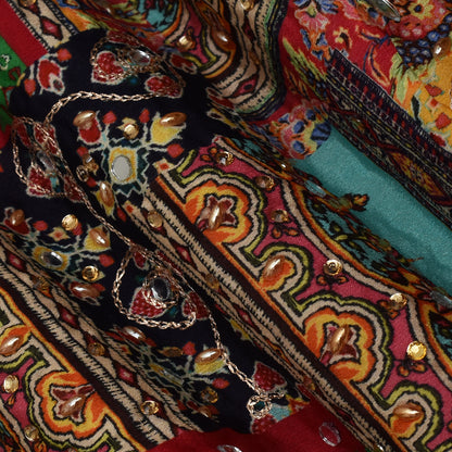 Multi Color Chinon Print Mirror Work Fabric