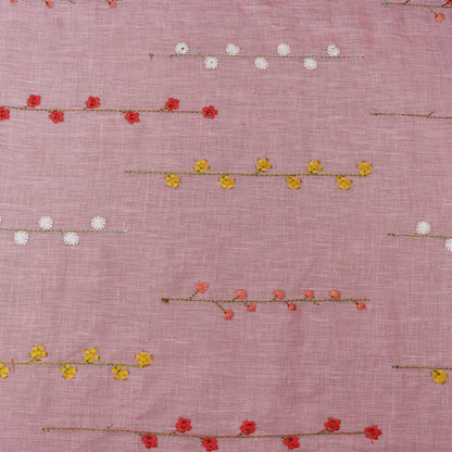 Pink Color Linen Embroidery Fabric