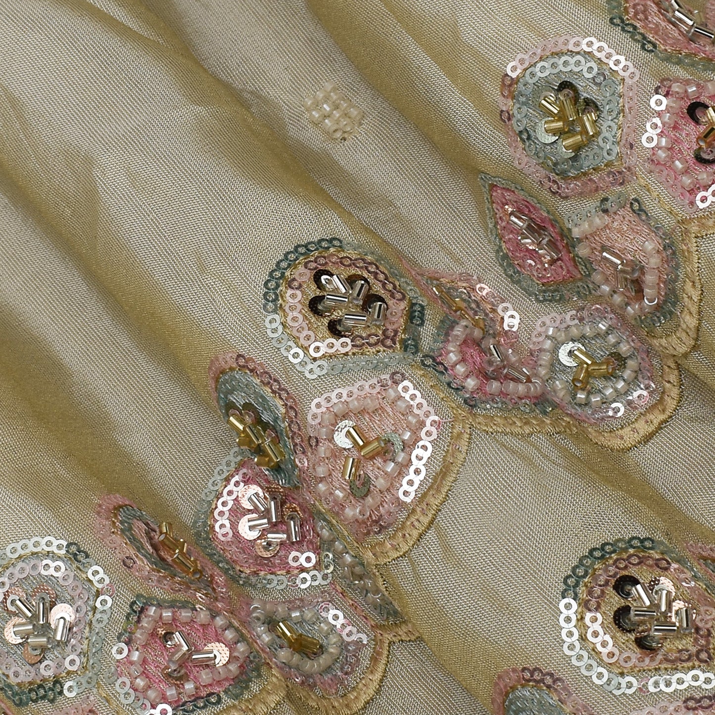 Beige Color Tissue Booti Embroidery Fabric