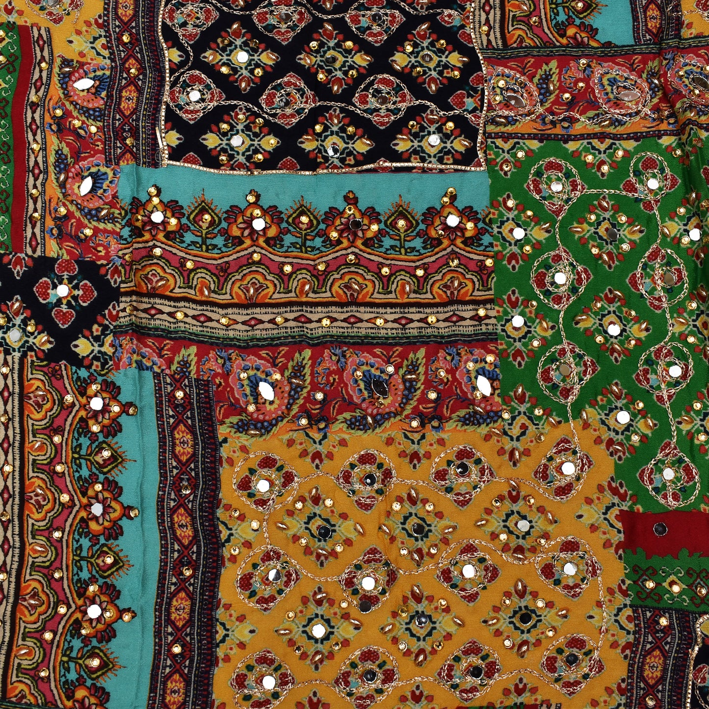 Multi Color Chinon Print Mirror Work Fabric