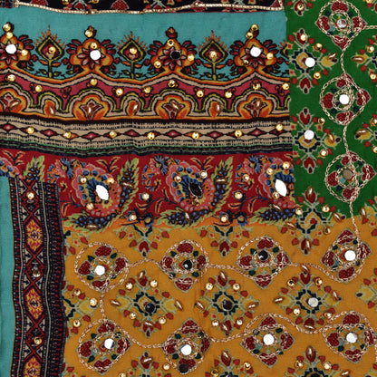 Multi Color Chinon Print Mirror Work Fabric