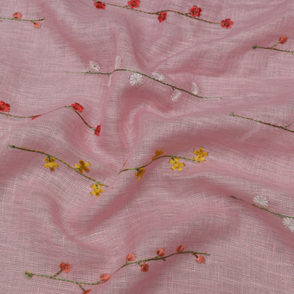 Pink Color Linen Embroidery Fabric