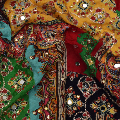 Multi Color Chinon Print Mirror Work Fabric