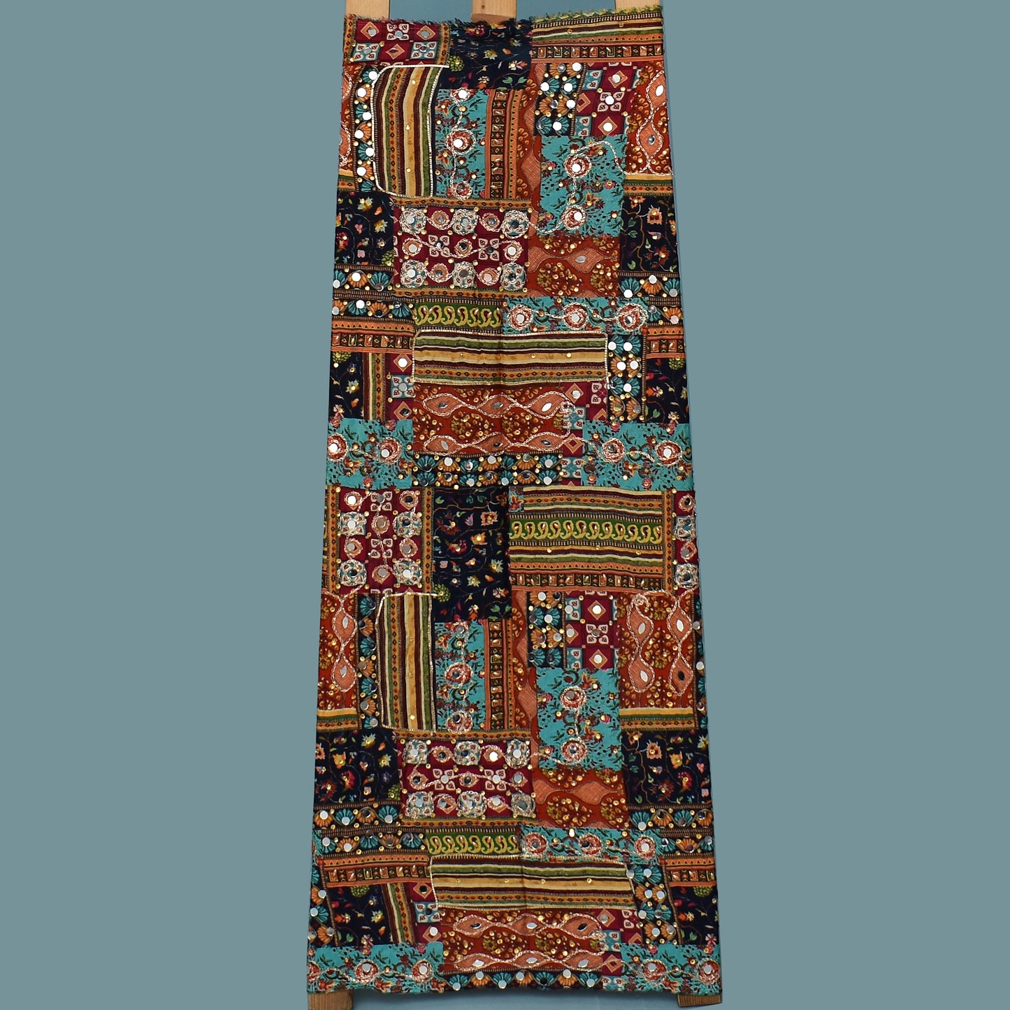 Multi Color Chinon Print Mirror Work Fabric