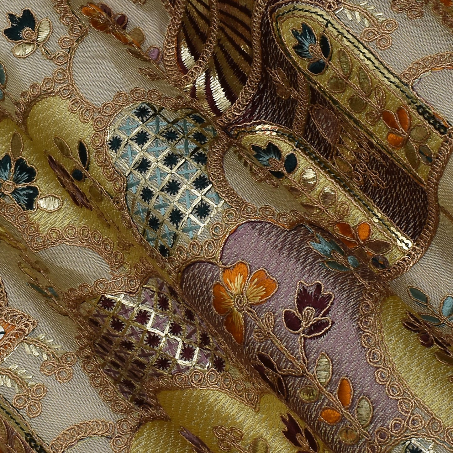 Beige Color Tissue Embroidery Fabric