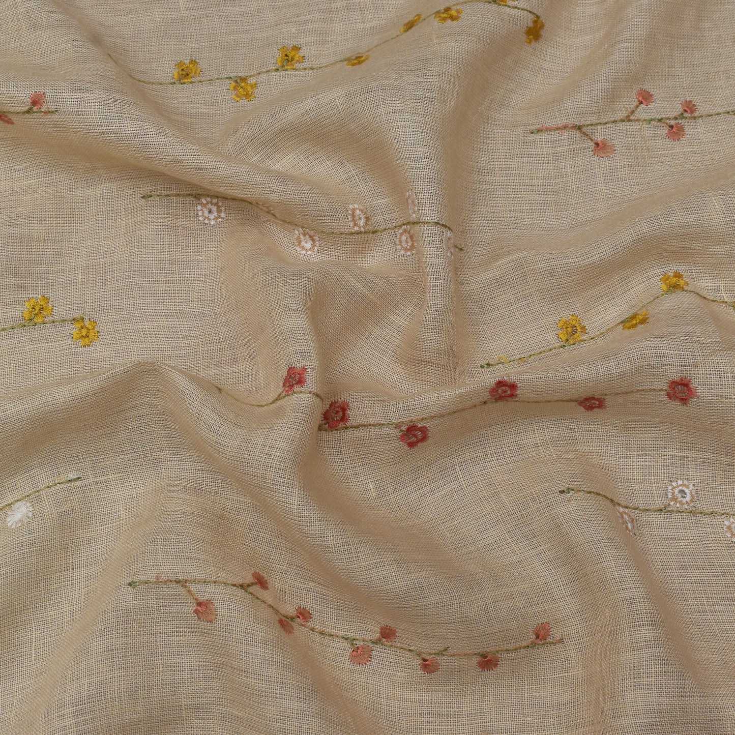 Beige Color Linen Embroidery Fabric