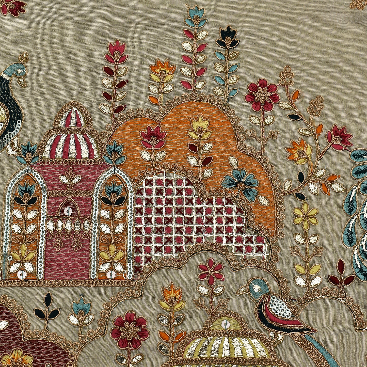 Beige Color Tissue Embroidery Fabric