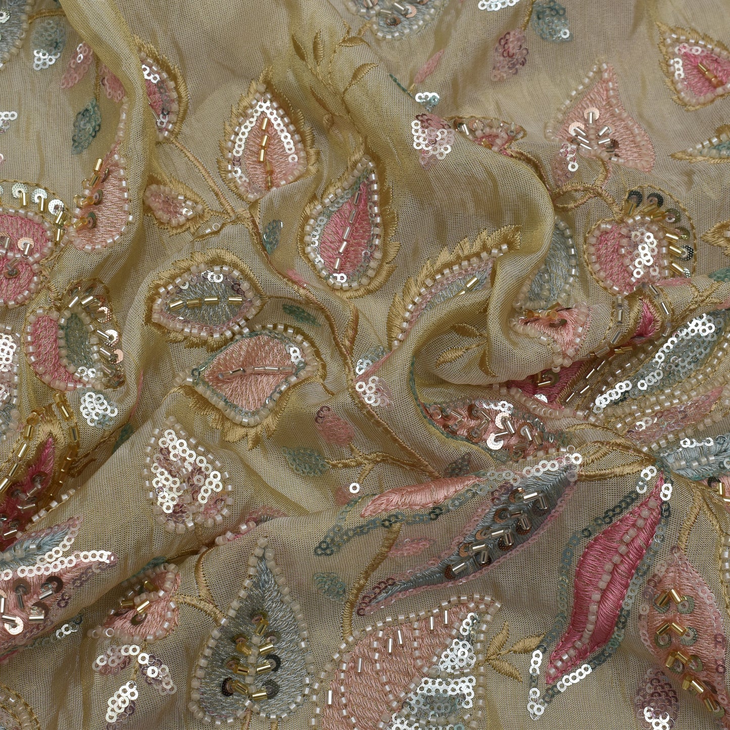 Beige Color Tissue Embroidery Fabric