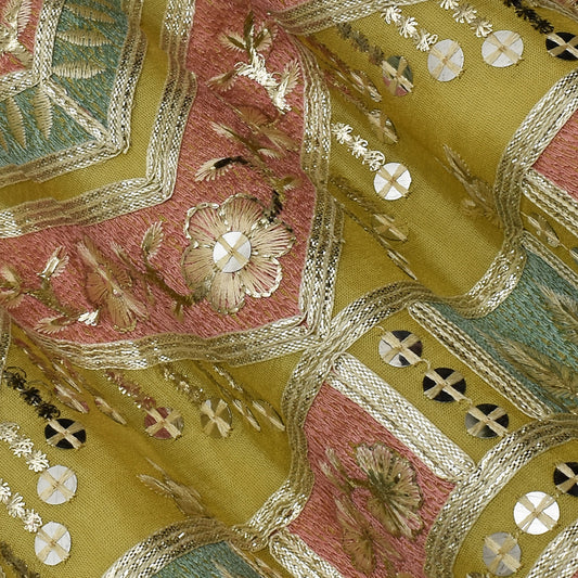 Yellow Color Tissue Border Embroidery Fabric