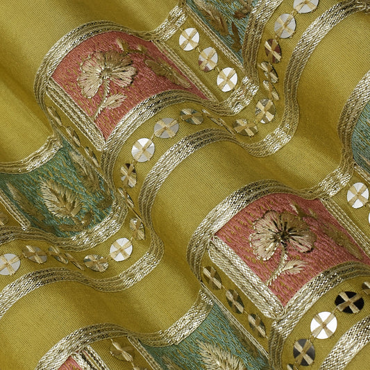 Yellow Color Tissue Booti Embroidery Fabric