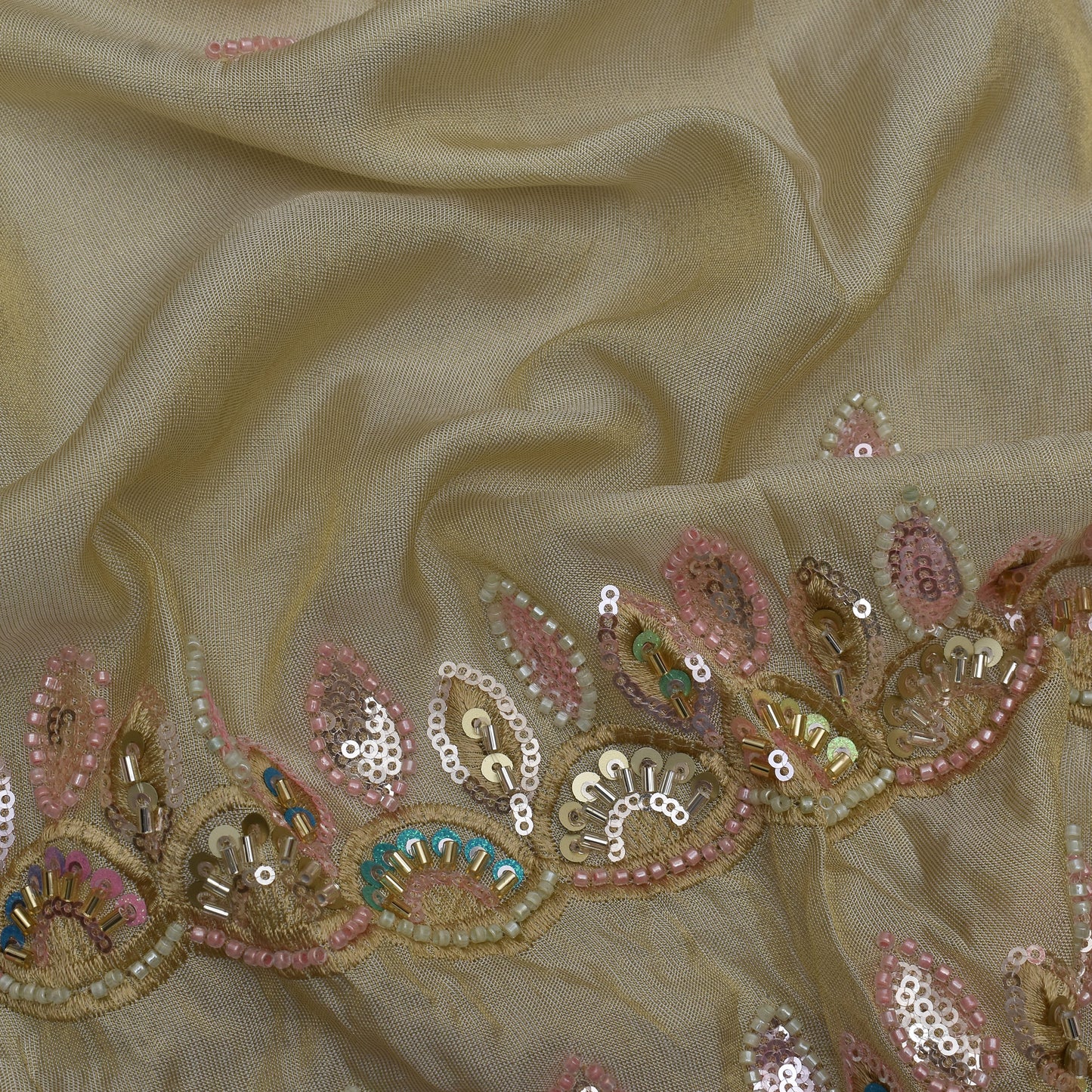 Beige Color Tissue Booti Embroidery Fabric