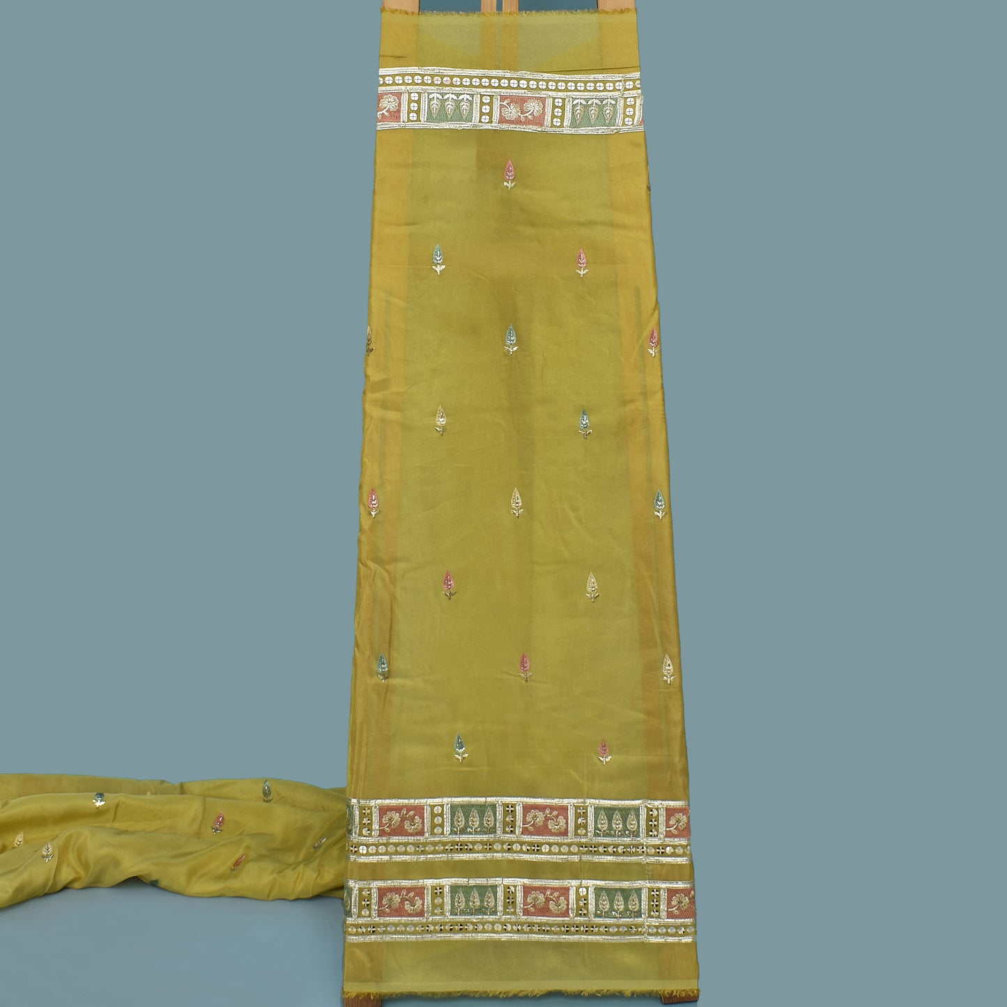 Yellow Color Tissue Booti Embroidery Fabric