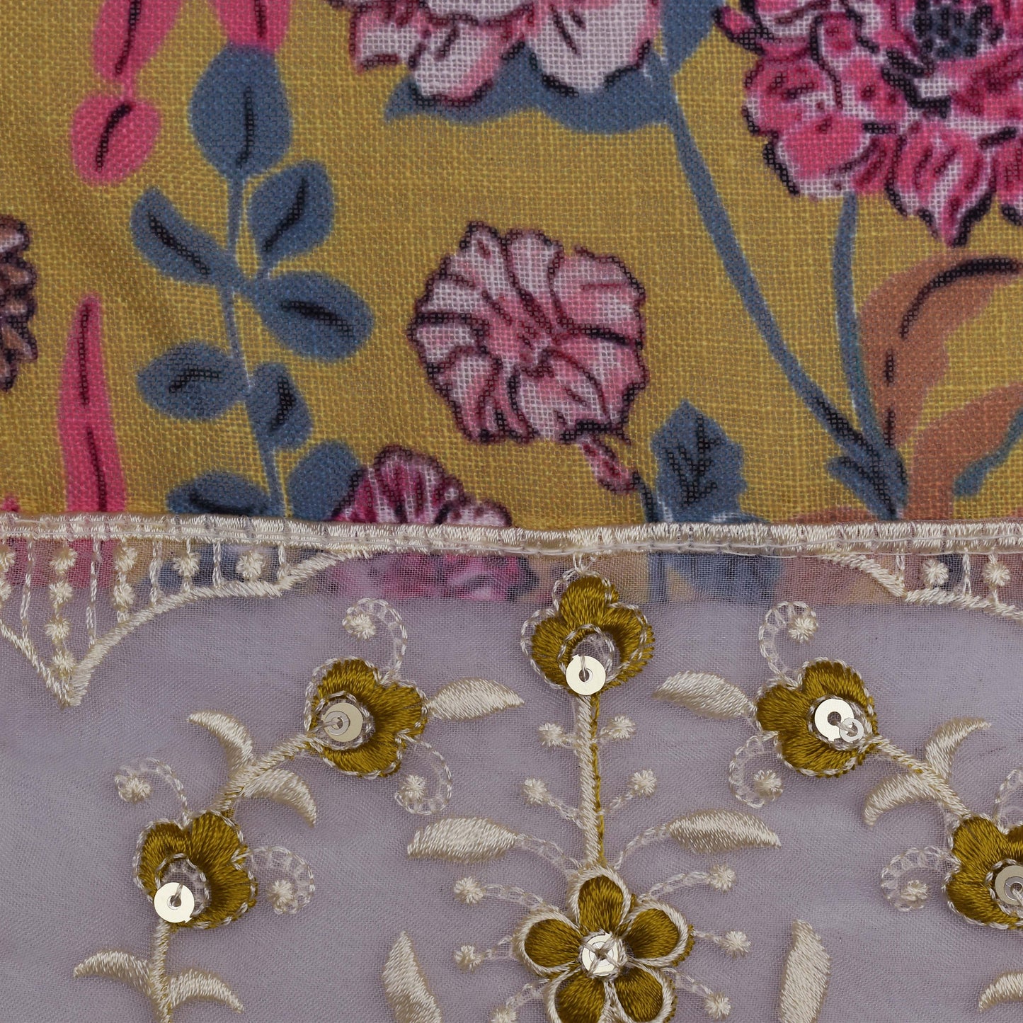 Yellow Color Linen Print Border Embroidery Fabric