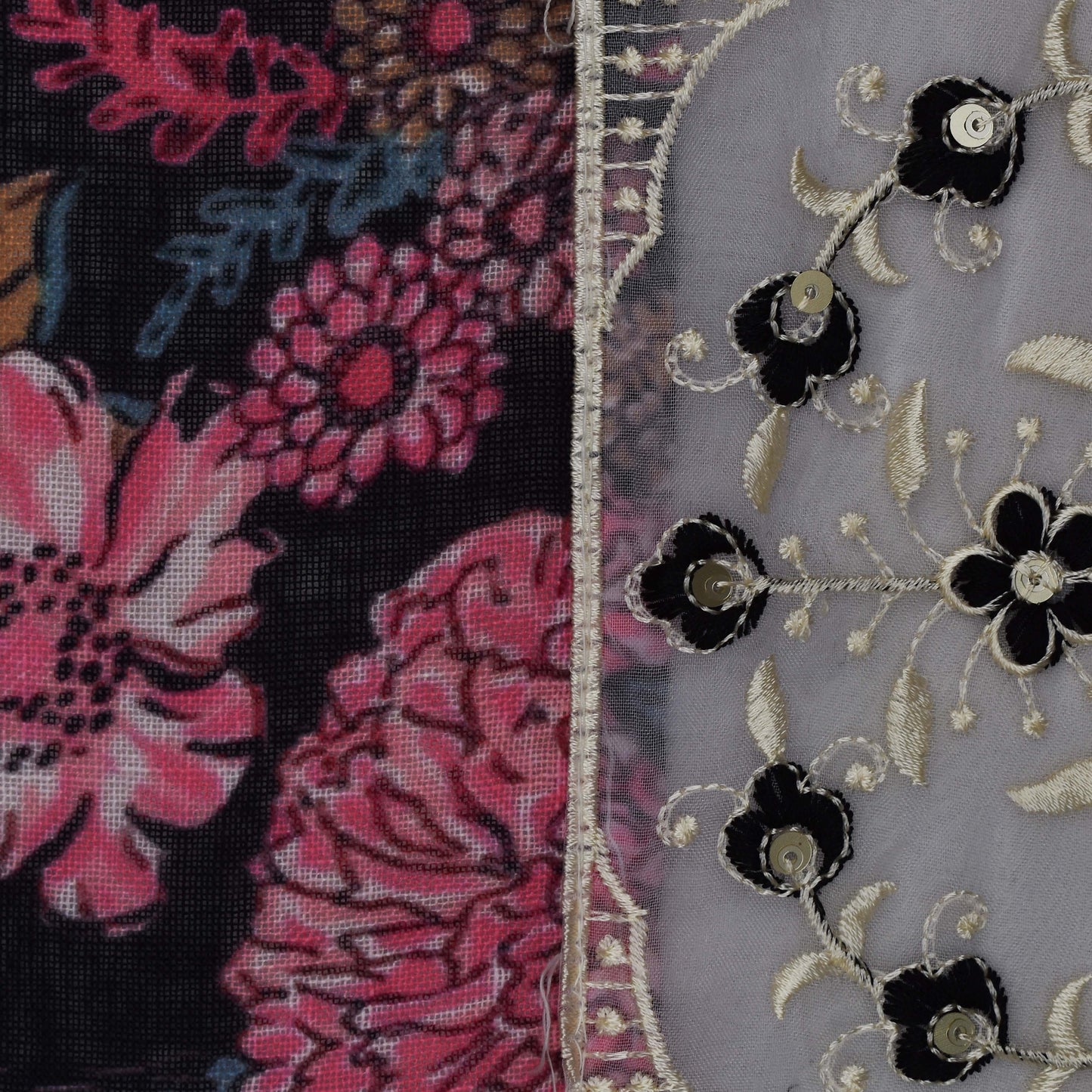 Black Color Linen Print Border Embroidery Fabric