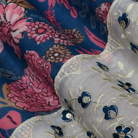 Blue Color Linen Print Border Embroidery Fabric