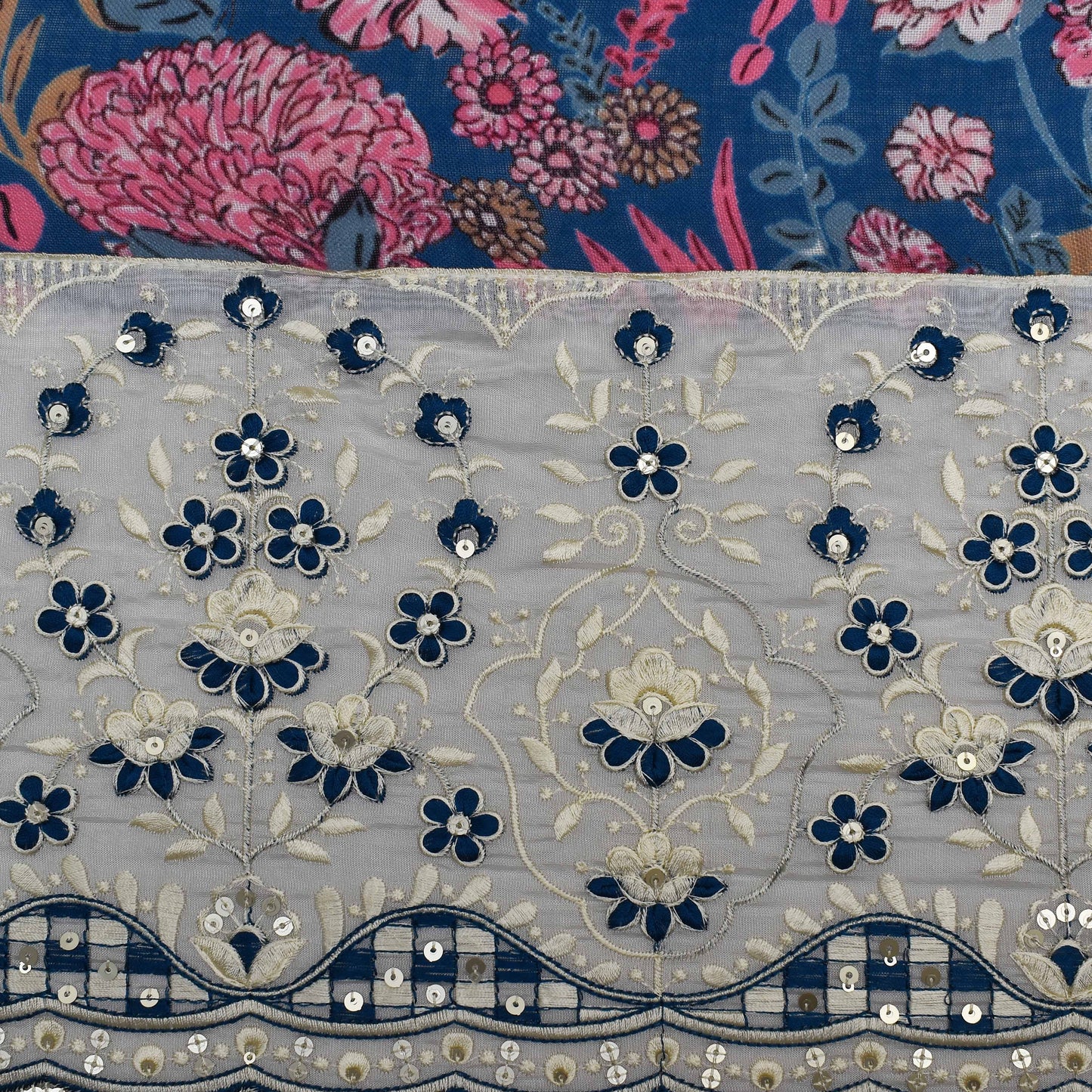 Blue Color Linen Print Border Embroidery Fabric