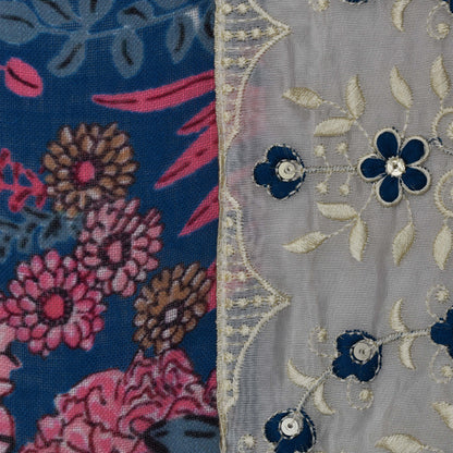 Blue Color Linen Print Border Embroidery Fabric